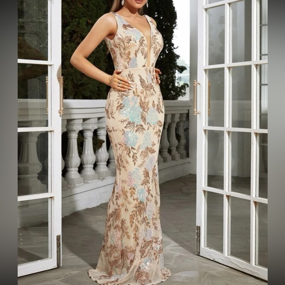 Luxe party bridesmaids wedding prom mesh insert sequins gown dress - Picture 4 of 8